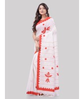 DESH BIDESH Women`s Bengali Khesh Pure Cotton Handloom Saree Trinayani Durga Designed With Blouse Piece (White Red)